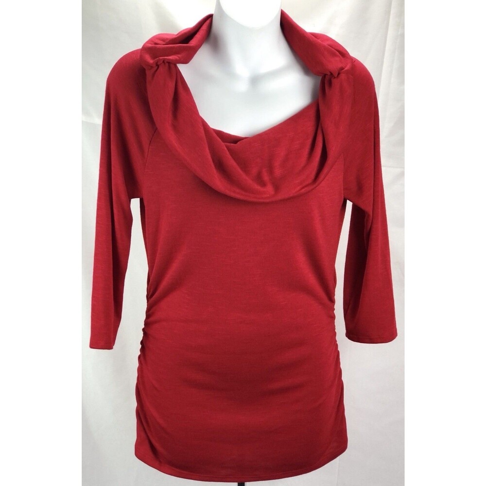 A BYER Knit Long Sweater L Jrs Red Cowl Neck 3/4 Sleeves Ruched Sides Tunic